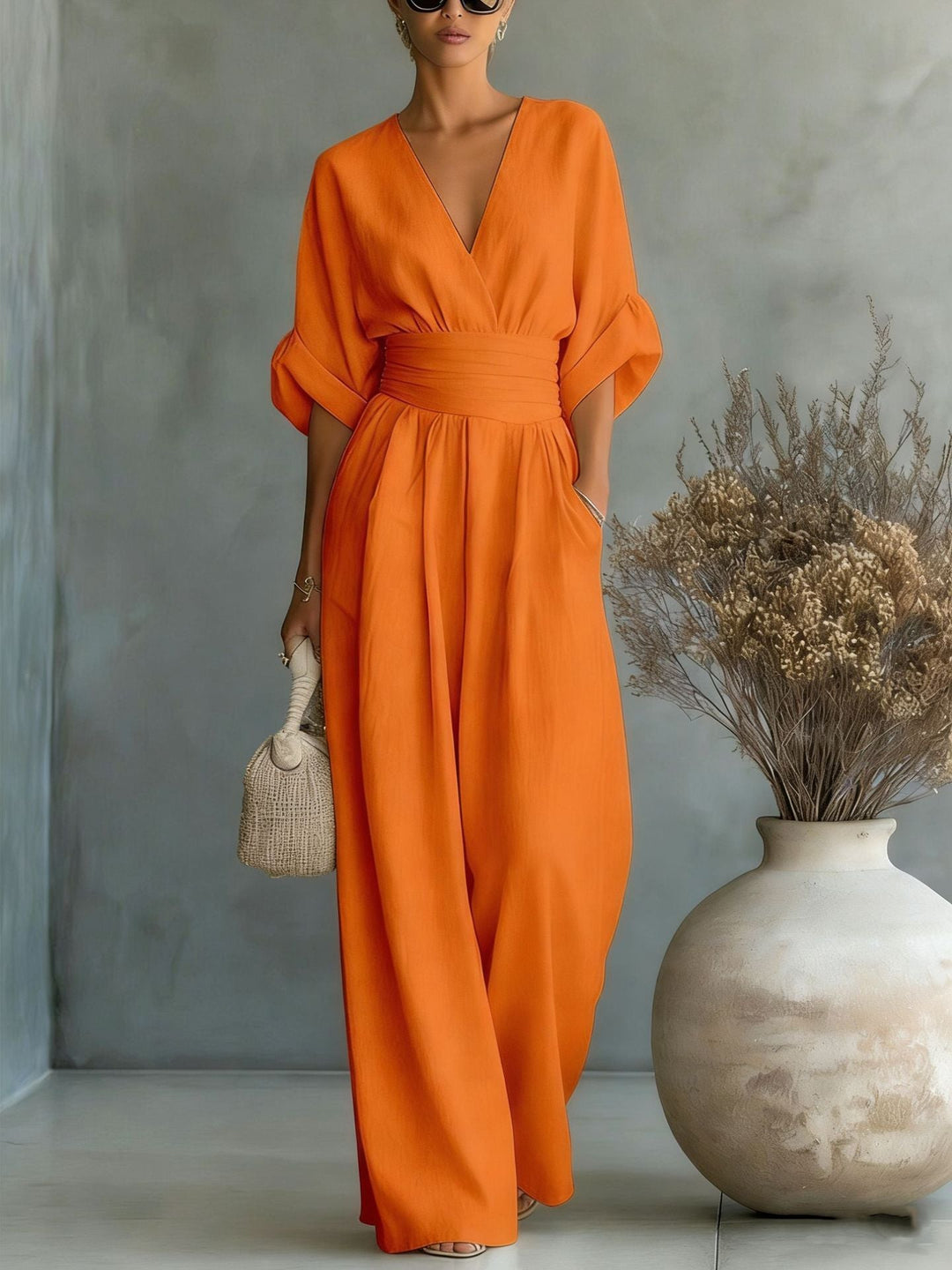 Deep V Neck Balloon Sleeve Wide Waistband Wide Leg Jumpsuit