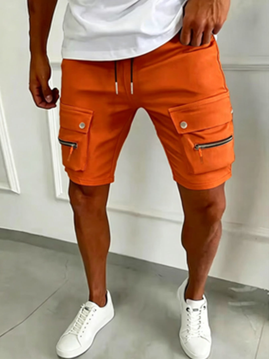 Zip Pocket Snap Flap Drawstring Slim Fit Mens Cargo Shorts