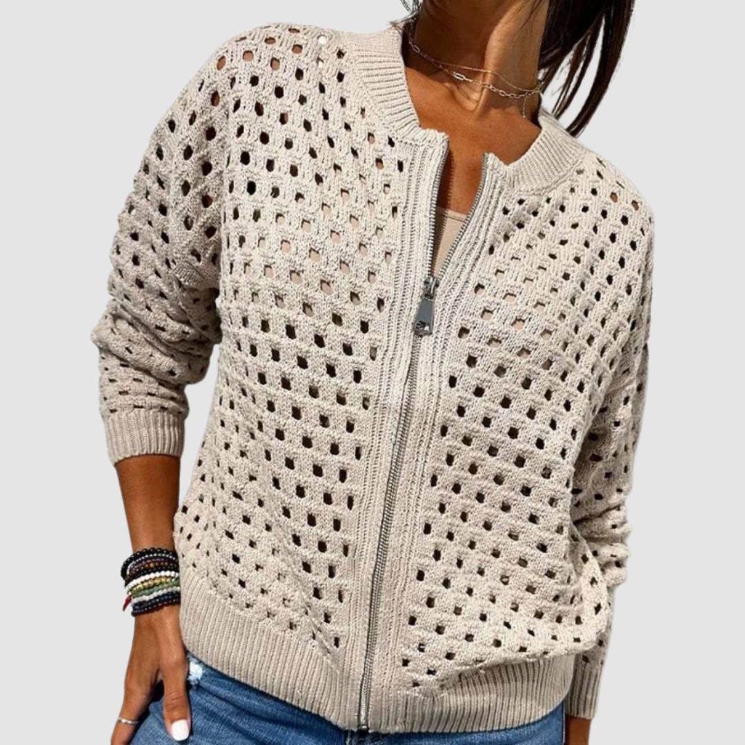 Delphine | Women's Openwork Knit Bomber Cardigan with Zip Front
