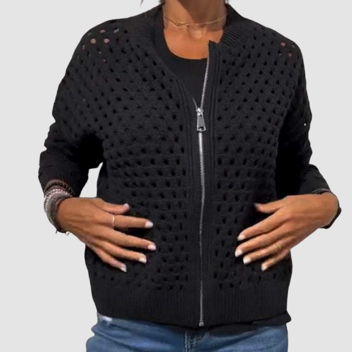 Delphine | Women's Openwork Knit Bomber Cardigan with Zip Front