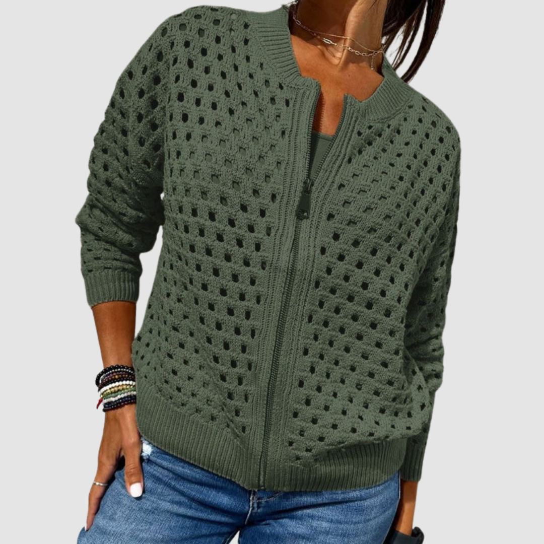Delphine | Women's Openwork Knit Bomber Cardigan with Zip Front