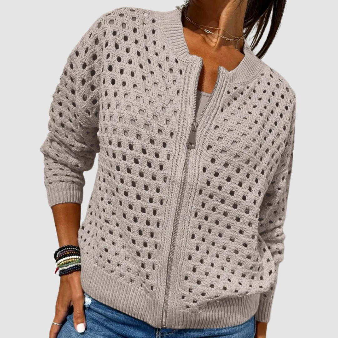 Delphine | Women's Openwork Knit Bomber Cardigan with Zip Front
