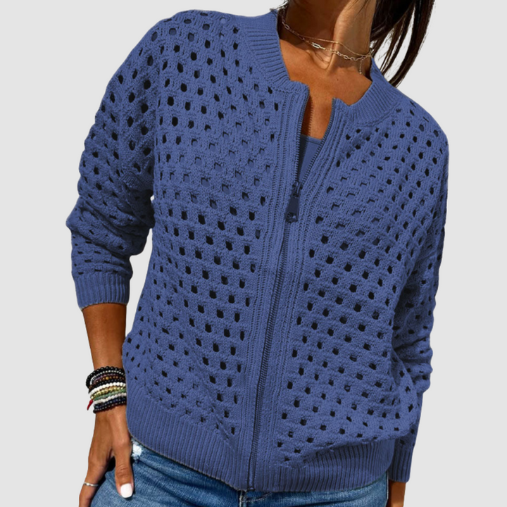 Delphine | Women's Openwork Knit Bomber Cardigan with Zip Front