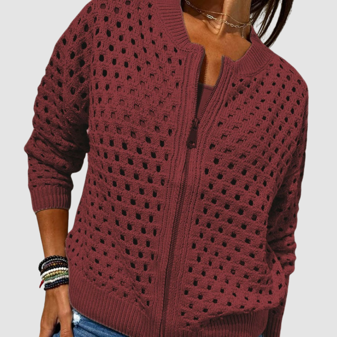 Delphine | Women's Openwork Knit Bomber Cardigan with Zip Front