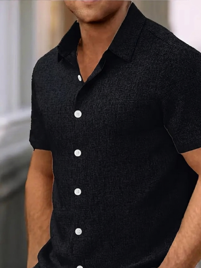 Short Sleeve Textured Linen Button Down Mens Casual Shirt