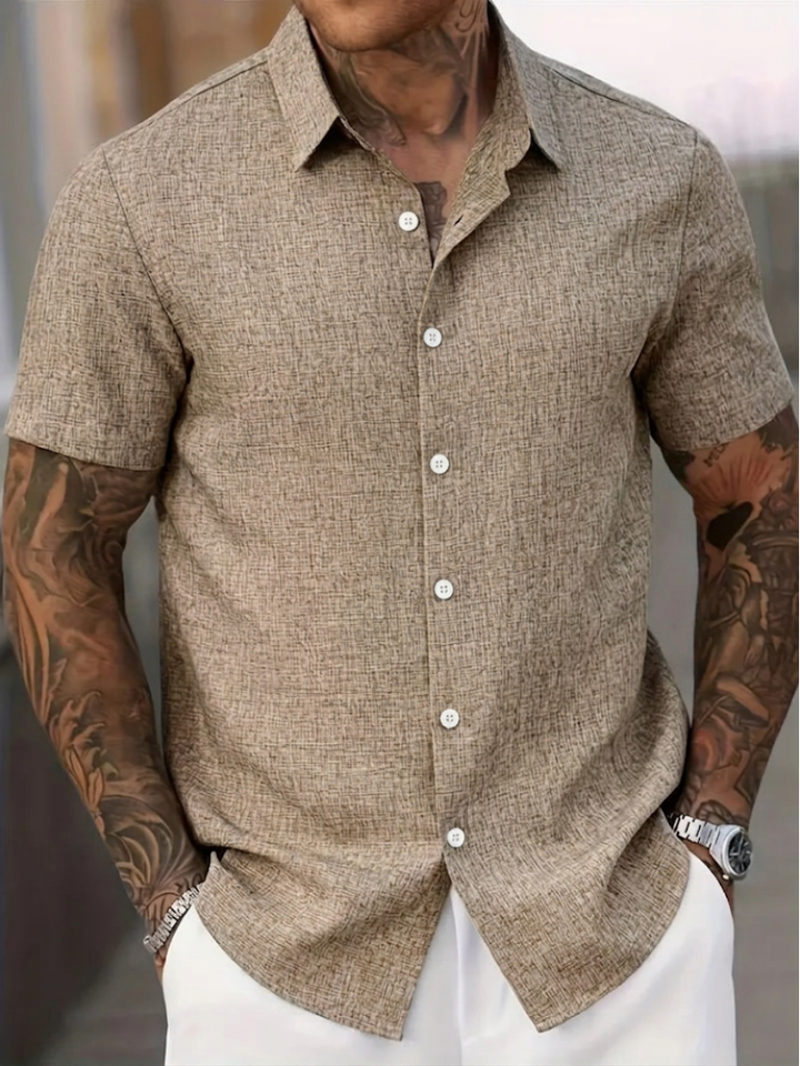 Short Sleeve Textured Linen Button Down Mens Casual Shirt