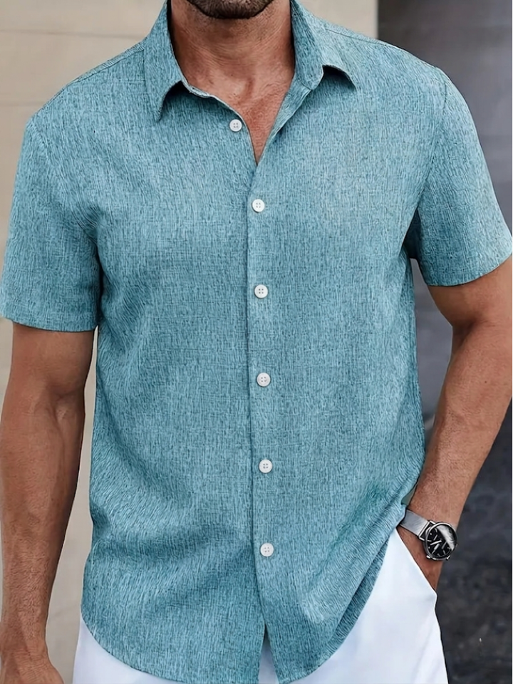 Short Sleeve Textured Linen Button Down Mens Casual Shirt