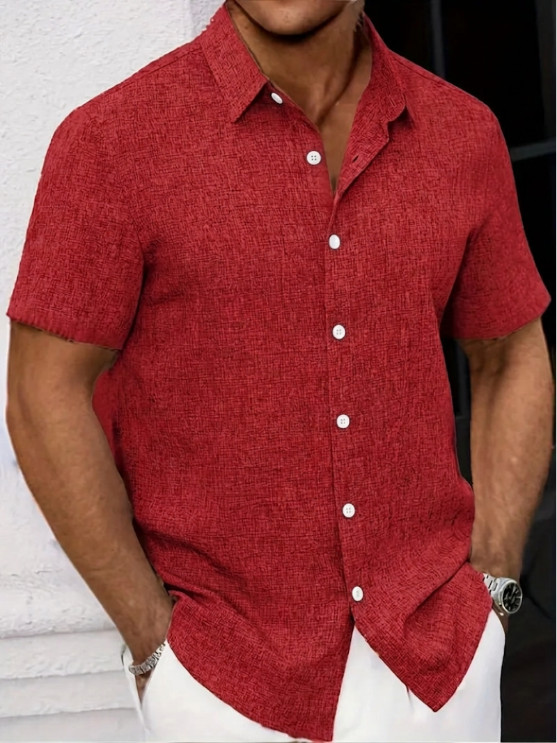 Short Sleeve Textured Linen Button Down Mens Casual Shirt