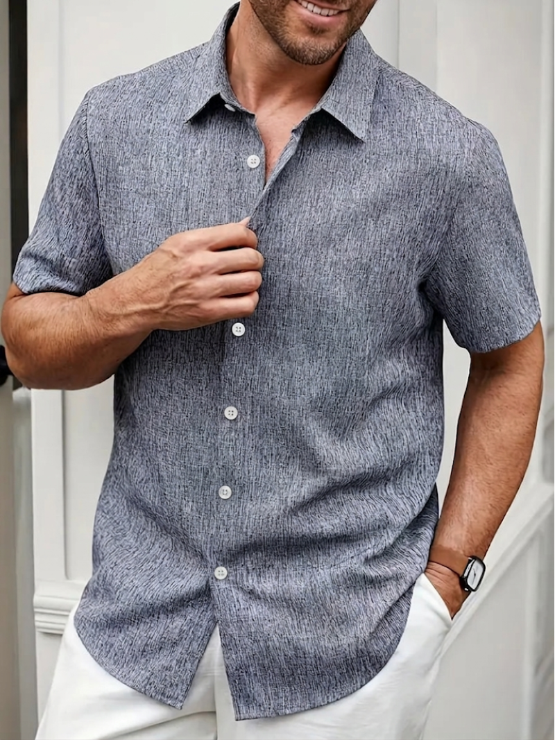 Short Sleeve Textured Linen Button Down Mens Casual Shirt
