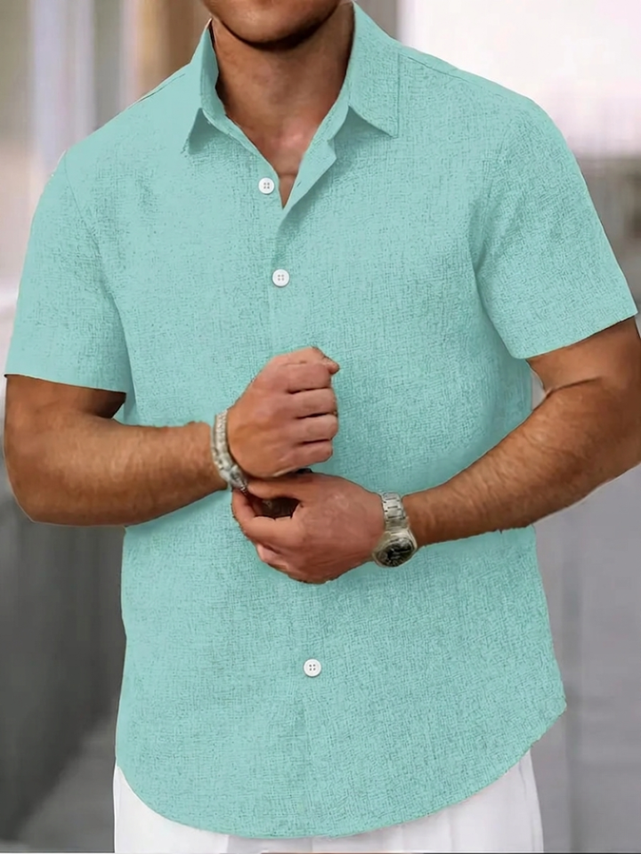 Short Sleeve Textured Linen Button Down Mens Casual Shirt