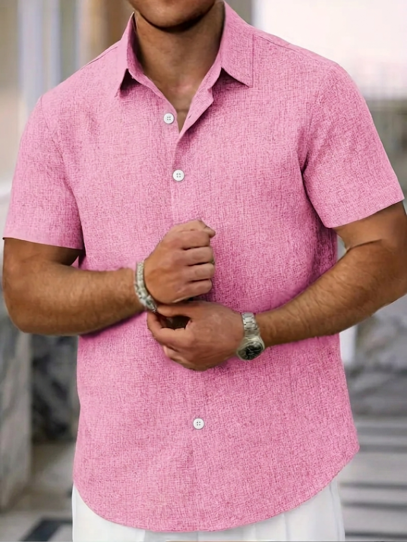 Short Sleeve Textured Linen Button Down Mens Casual Shirt