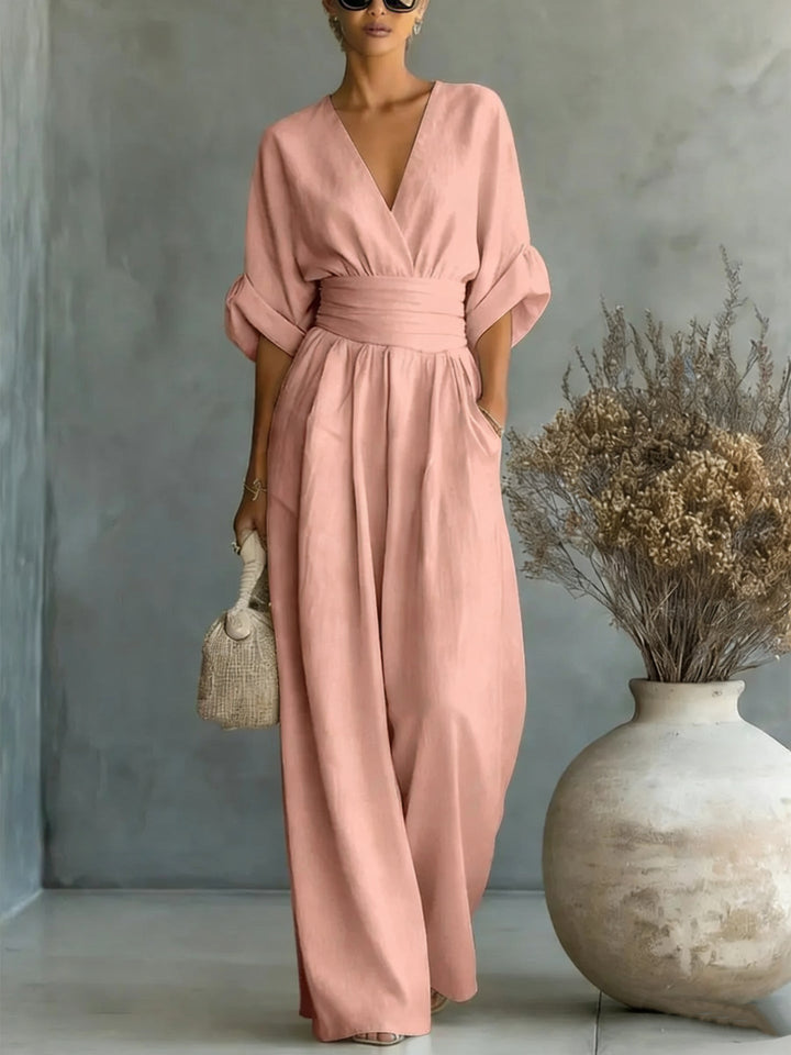 Deep V Neck Balloon Sleeve Wide Waistband Wide Leg Jumpsuit