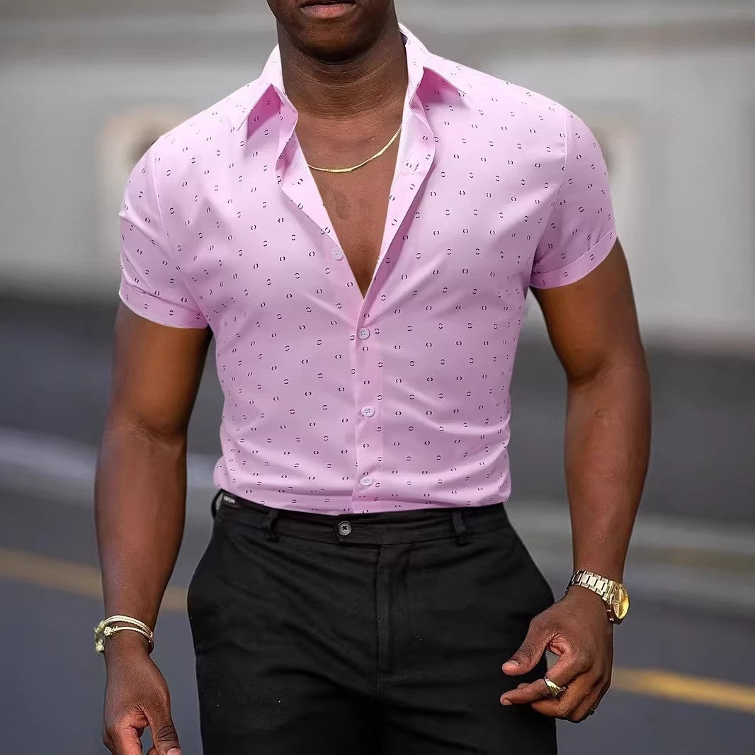 Micro Check Print Short Sleeve Muscle Fit Mens Casual Shirt