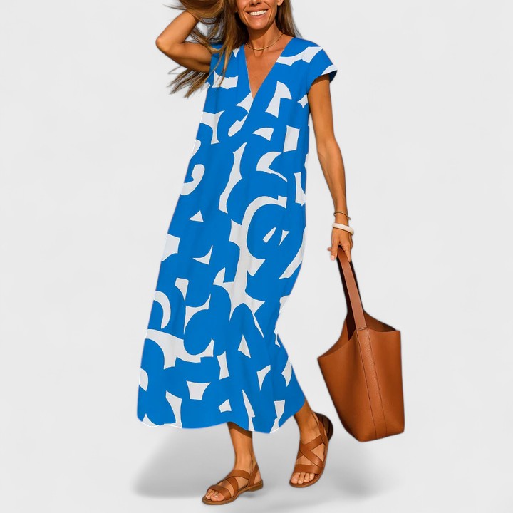 Abstract Print V Neck Midi Dress Loose Fit