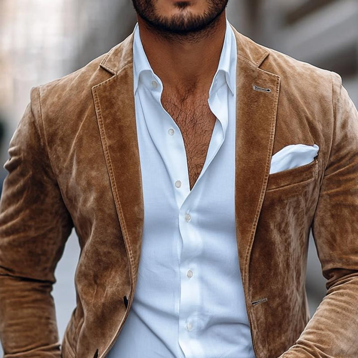Notch Lapel Pocket Square Slim Fit Suede Casual Blazer