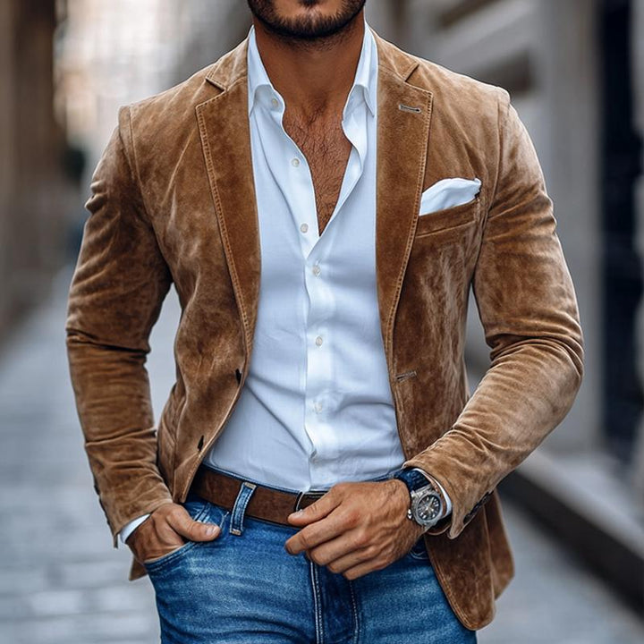 Notch Lapel Pocket Square Slim Fit Suede Casual Blazer