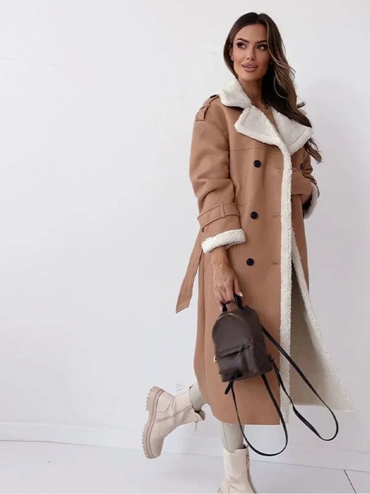 Delphine | Women's Faux Leather Longline Coat with Shearling Lapel