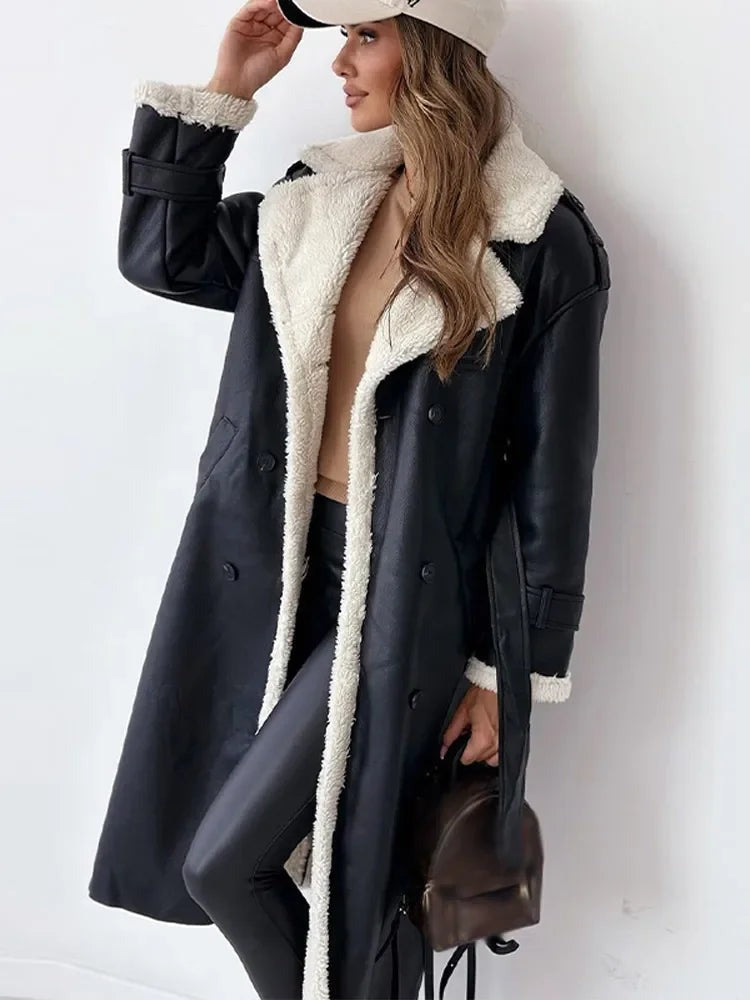 Delphine | Women's Faux Leather Longline Coat with Shearling Lapel