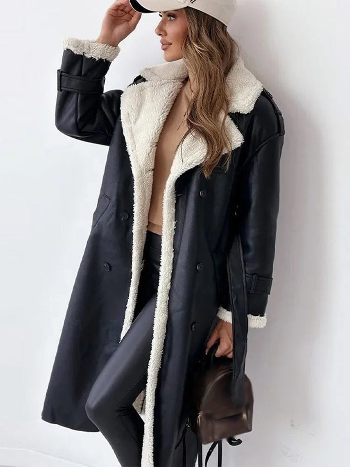 Delphine | Women's Faux Leather Longline Coat with Shearling Lapel