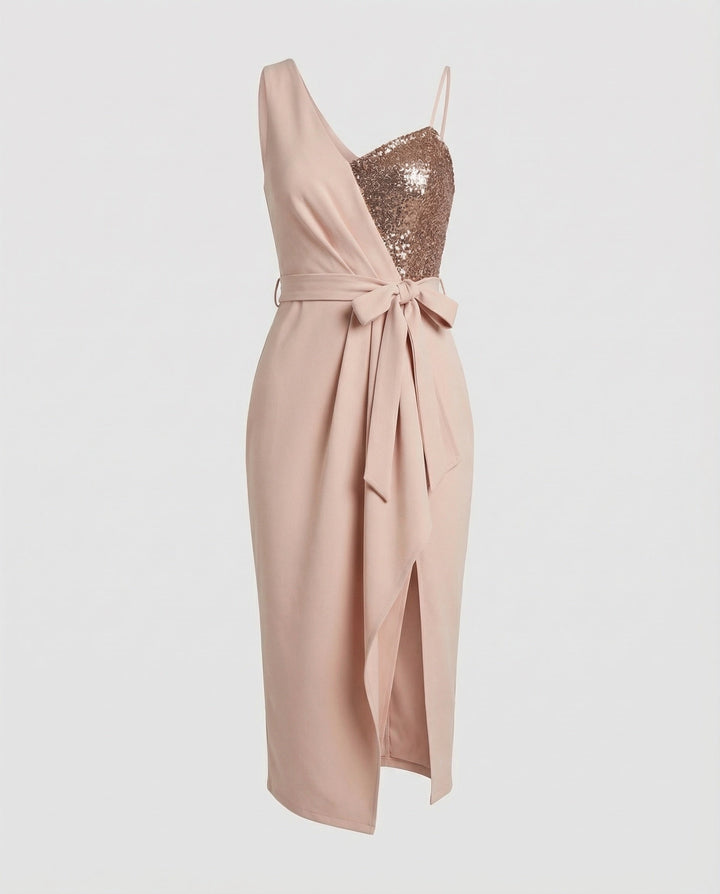Sequin Bodice One Shoulder Bodycon Midi Dress - Cocktail Party