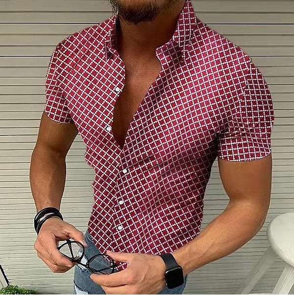 Micro Check Print Short Sleeve Muscle Fit Mens Casual Shirt