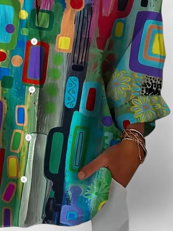 Abstract Geometric Print Long Sleeve Blouse Women