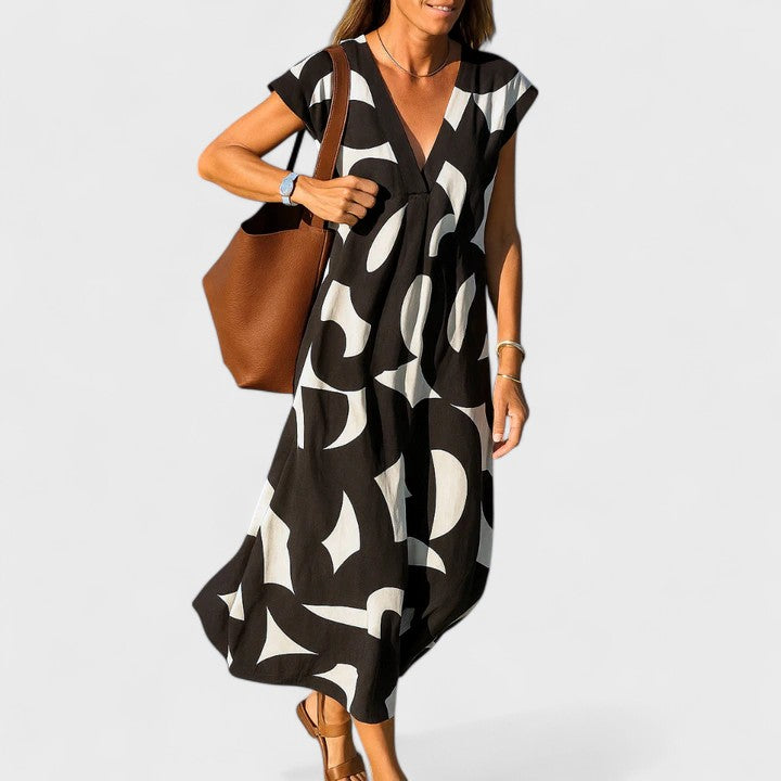 Abstract Print V Neck Midi Dress Loose Fit