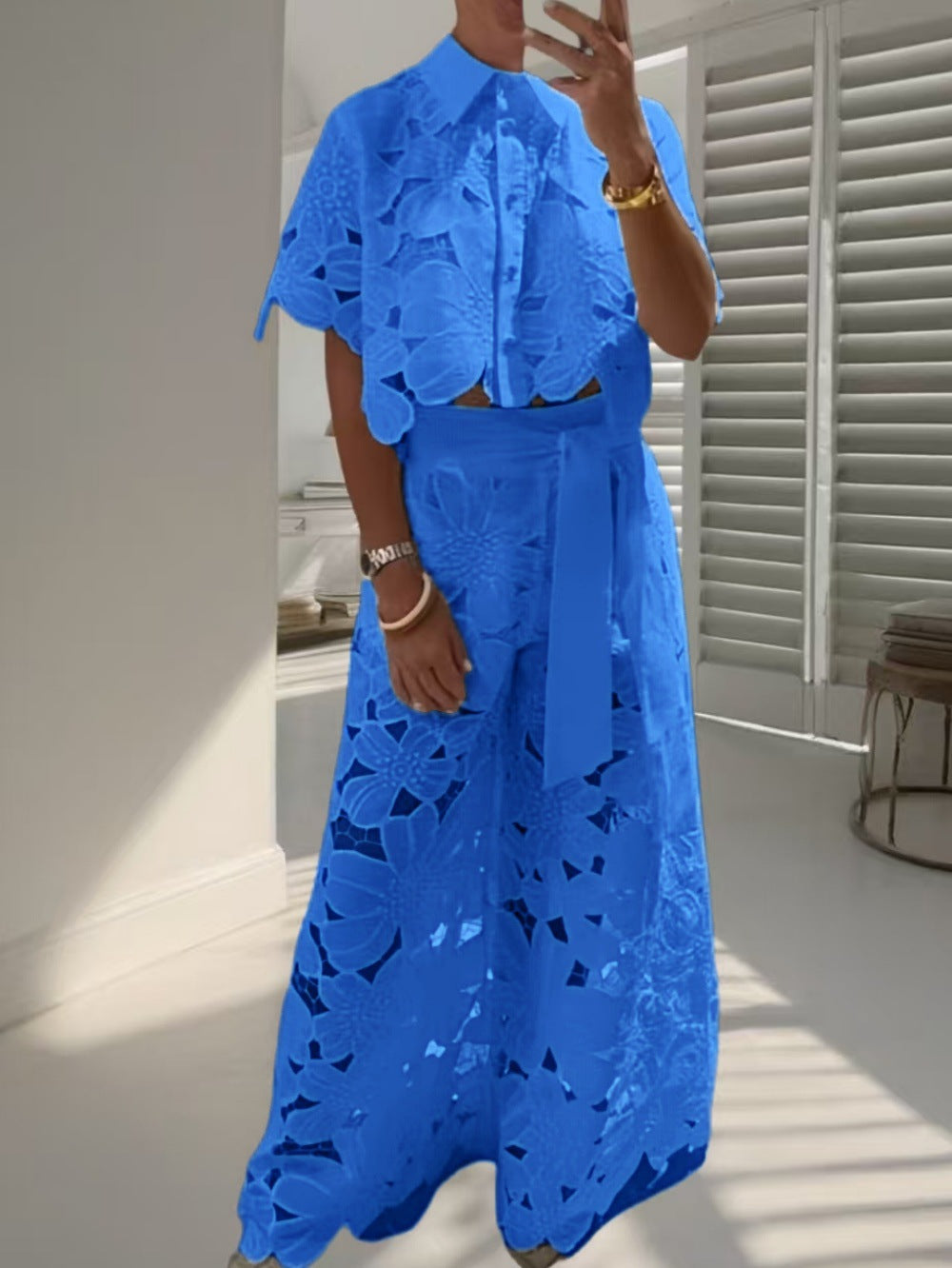 Floral Eyelet Lace Scalloped Crop Top and Wide Leg Pant Two Piece Set