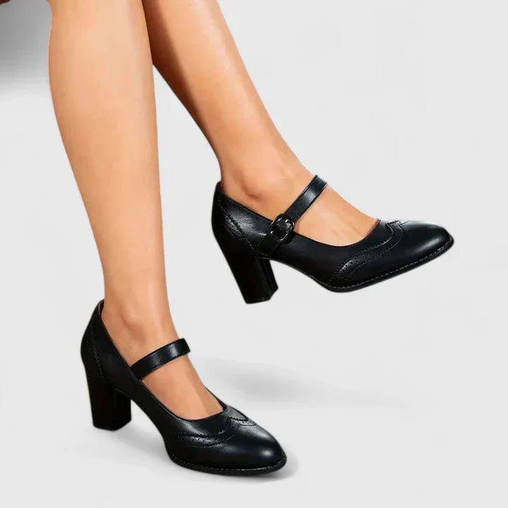 Wingtip Brogue Mary Jane Buckle Strap Block Heel Pump
