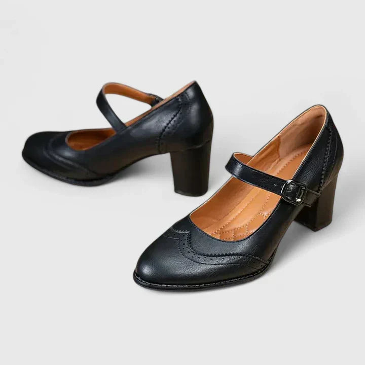 Wingtip Brogue Mary Jane Buckle Strap Block Heel Pump