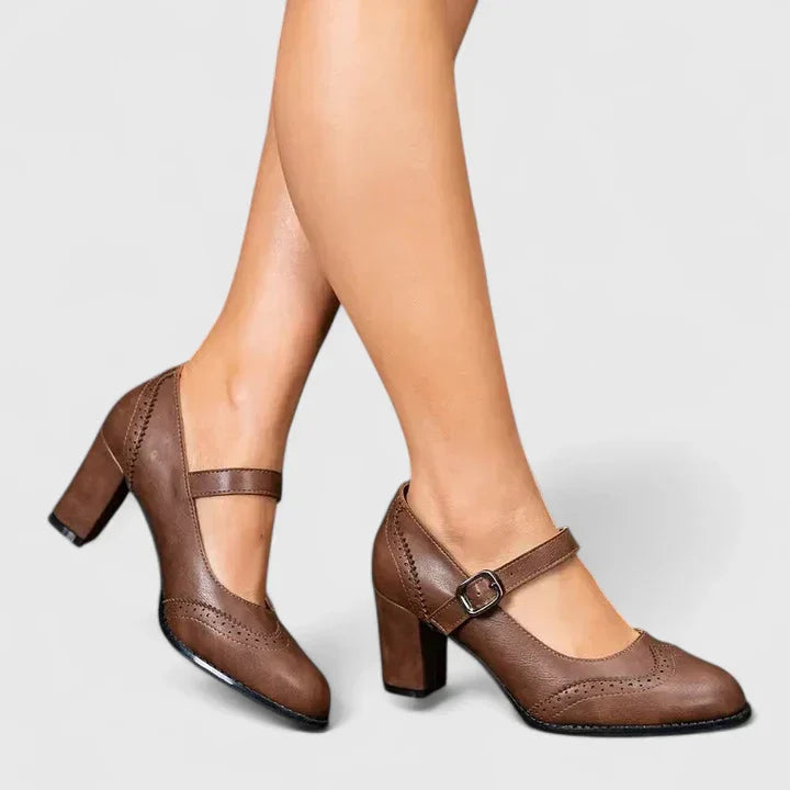 Wingtip Brogue Mary Jane Buckle Strap Block Heel Pump