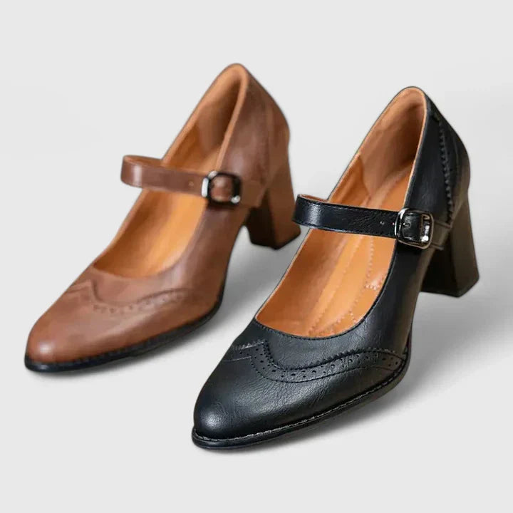Wingtip Brogue Mary Jane Buckle Strap Block Heel Pump