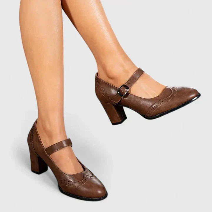 Wingtip Brogue Mary Jane Buckle Strap Block Heel Pump