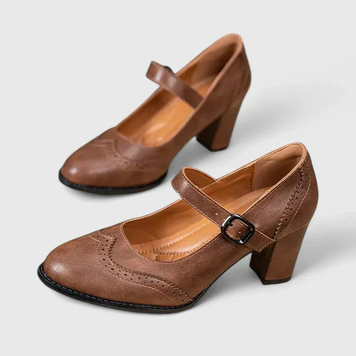 Wingtip Brogue Mary Jane Buckle Strap Block Heel Pump