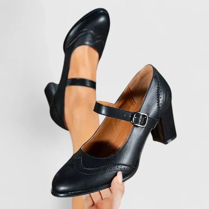 Wingtip Brogue Mary Jane Buckle Strap Block Heel Pump
