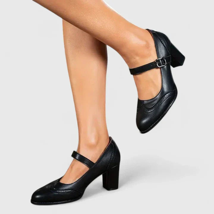Wingtip Brogue Mary Jane Buckle Strap Block Heel Pump