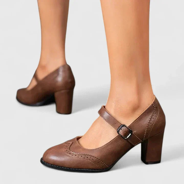 Wingtip Brogue Mary Jane Buckle Strap Block Heel Pump