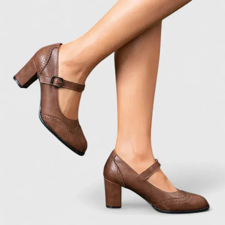 Wingtip Brogue Mary Jane Buckle Strap Block Heel Pump