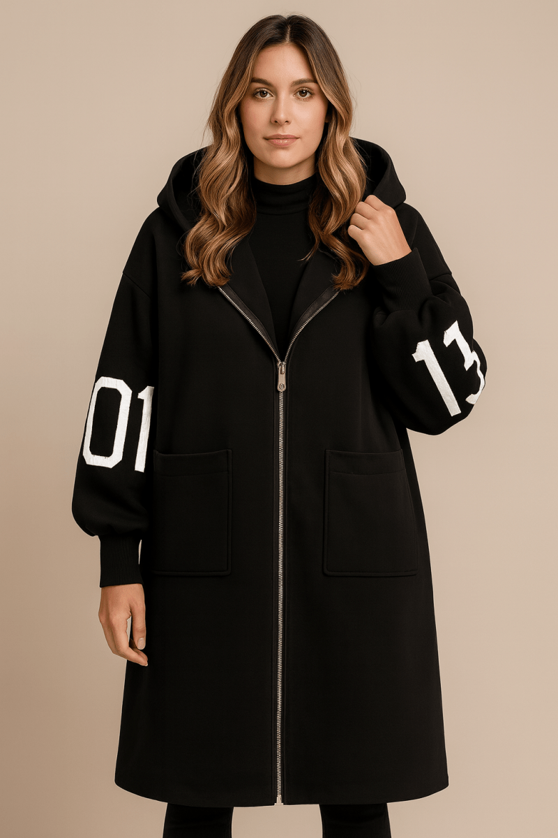 Marceline | Women's Hooded Coat with Contrast Letter Sleeve Panels