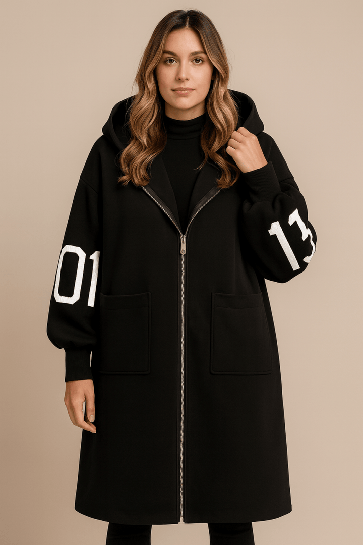 Marceline | Women's Hooded Coat with Contrast Letter Sleeve Panels