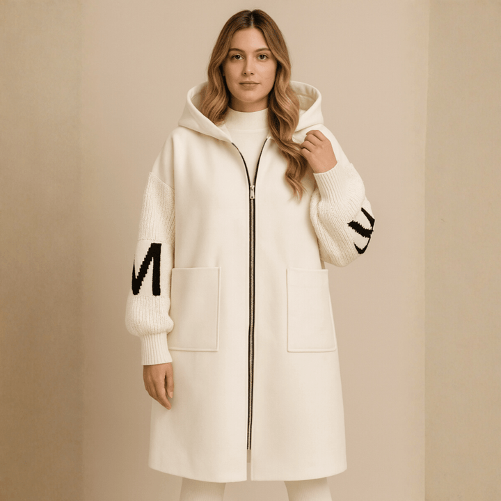 Marceline | Women's Hooded Coat with Contrast Letter Sleeve Panels