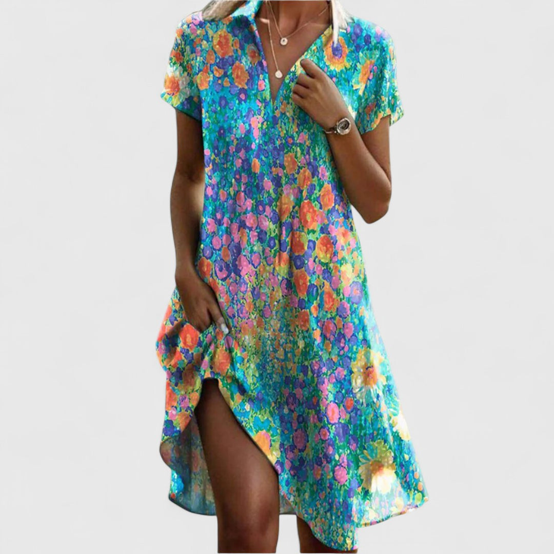 Short Sleeve Loose Fit Mini Dress Printed Style