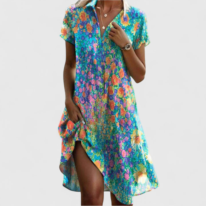 Short Sleeve Loose Fit Mini Dress Printed Style