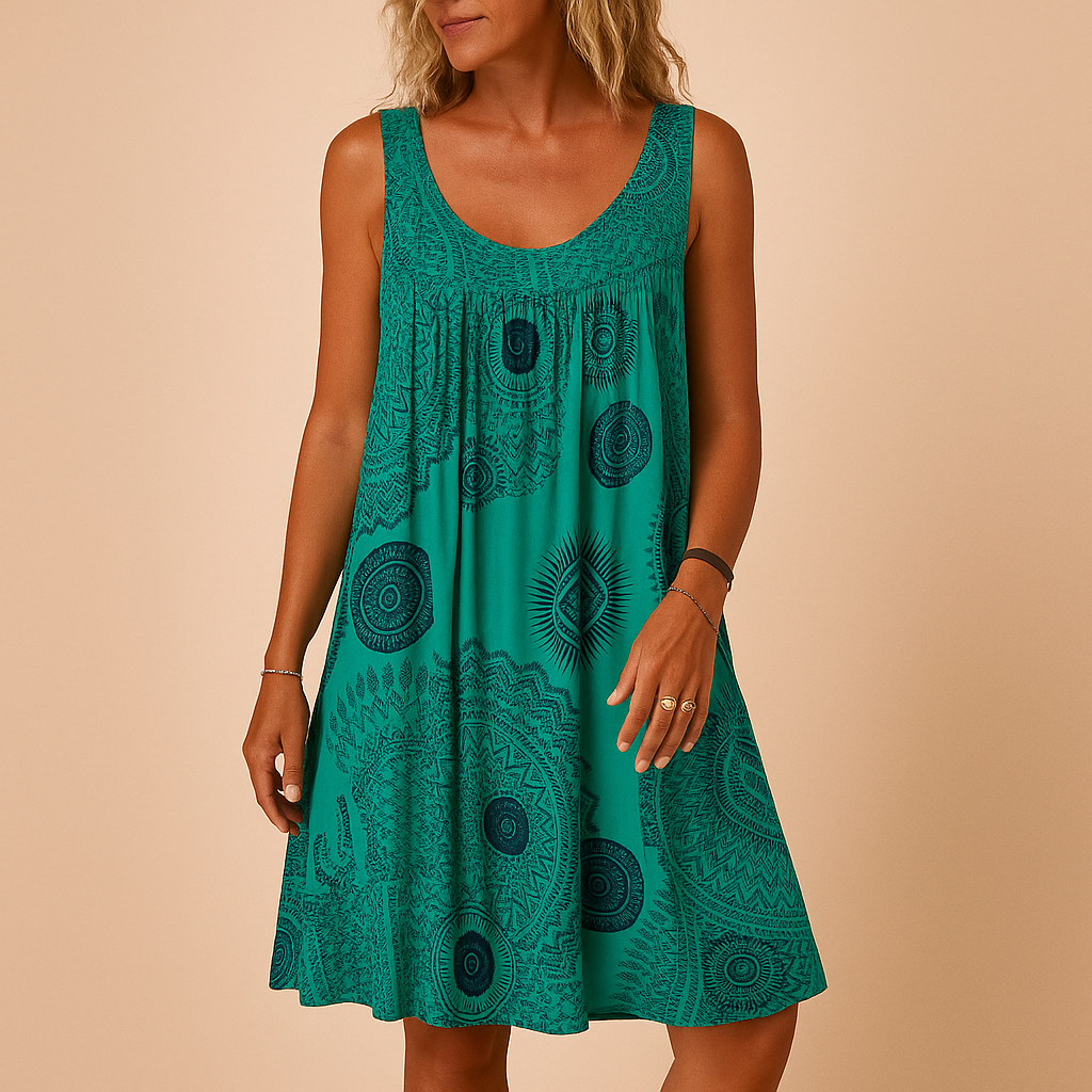 Casual Mandala Print Lace Trim Boho Sundress