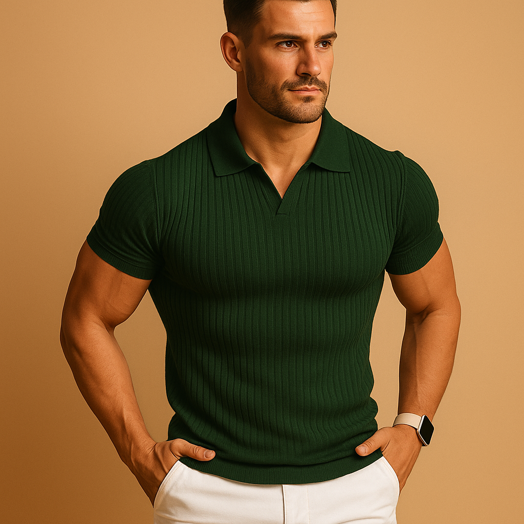 Ribbed Knit Open Collar V Neck Muscle Fit Short Sleeve Mens Polo Shirt