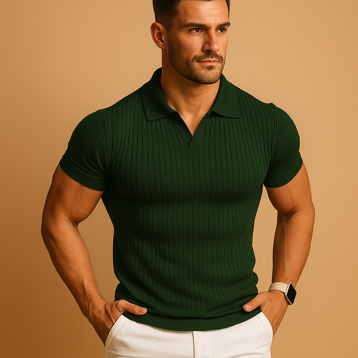 Ribbed Knit Open Collar V Neck Muscle Fit Short Sleeve Mens Polo Shirt