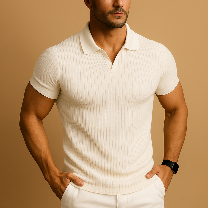 Ribbed Knit Open Collar V Neck Muscle Fit Short Sleeve Mens Polo Shirt