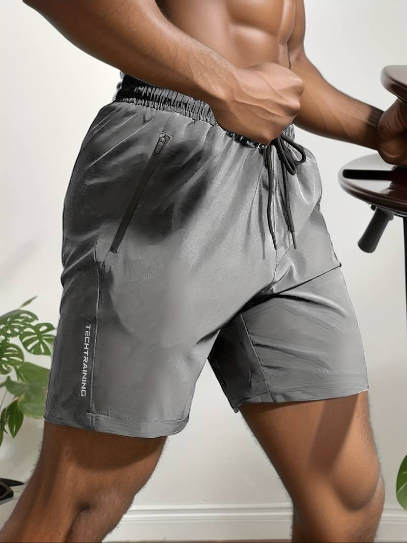 Zip Pocket Drawstring Elastic Waist Quick Dry Training Shorts