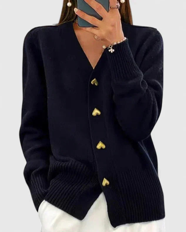 Odette | Women's V-Neck Cashmere Cardigan with Gold Heart Buttons