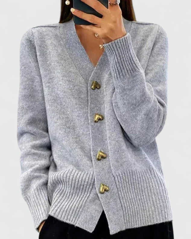 Odette | Women's V-Neck Cashmere Cardigan with Gold Heart Buttons